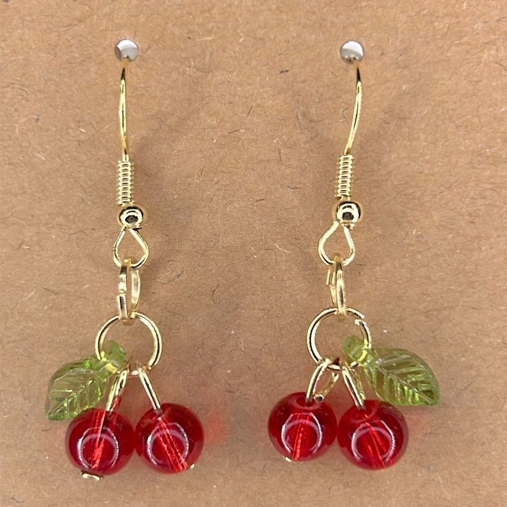 Beaded Cherry Bangle Earrings 18k Plated Hook Fashion Jewelry - Picture 4 of 4